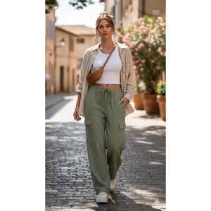 Japna Green 100% Cotton Gauze Lounge Pants‎ Pull On Cargo Raw Hem L